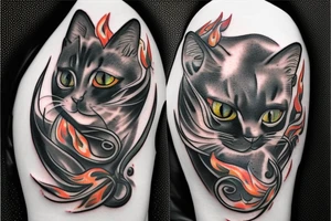 A Black Cat, in a motorbike with flowers and flames tattoo idea