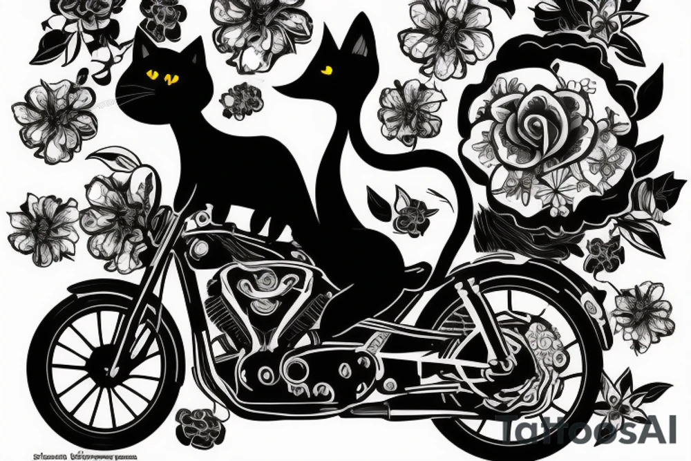 A Black Cat, in a motorbike with flowers and flames tattoo idea