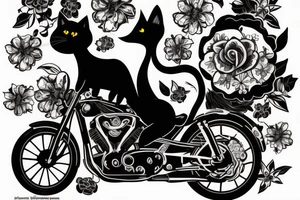 A Black Cat, in a motorbike with flowers and flames tattoo idea