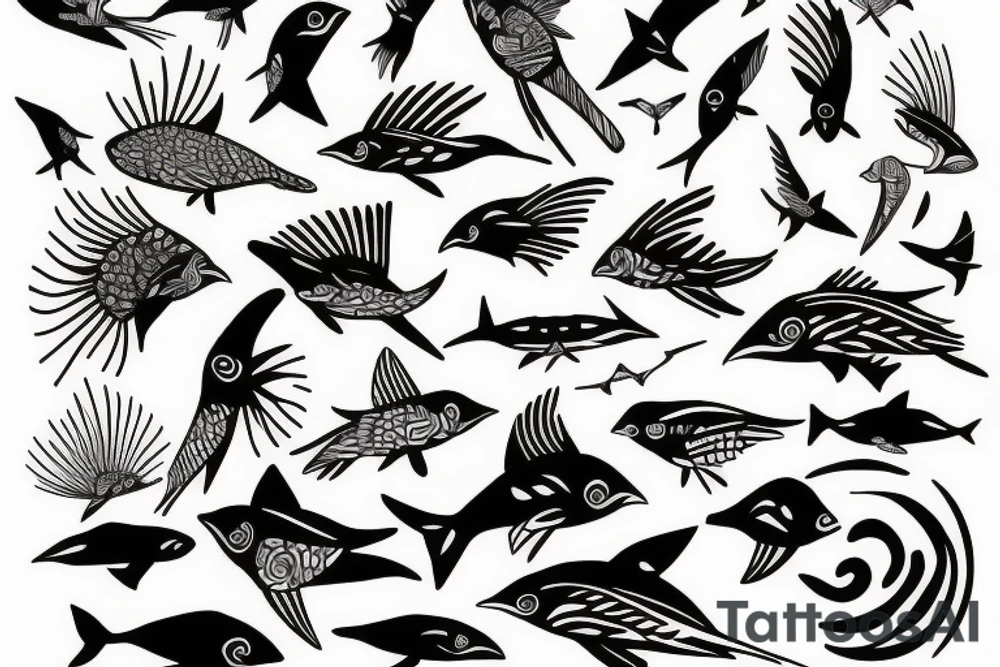 Sun bird fish tattoo idea