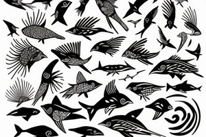 Sun bird fish tattoo idea