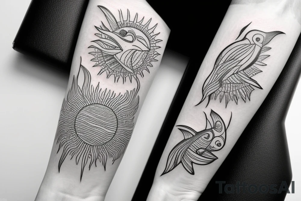 Sun bird fish tattoo idea