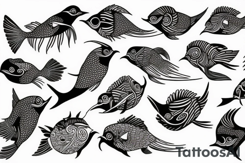 Sun bird fish tattoo idea