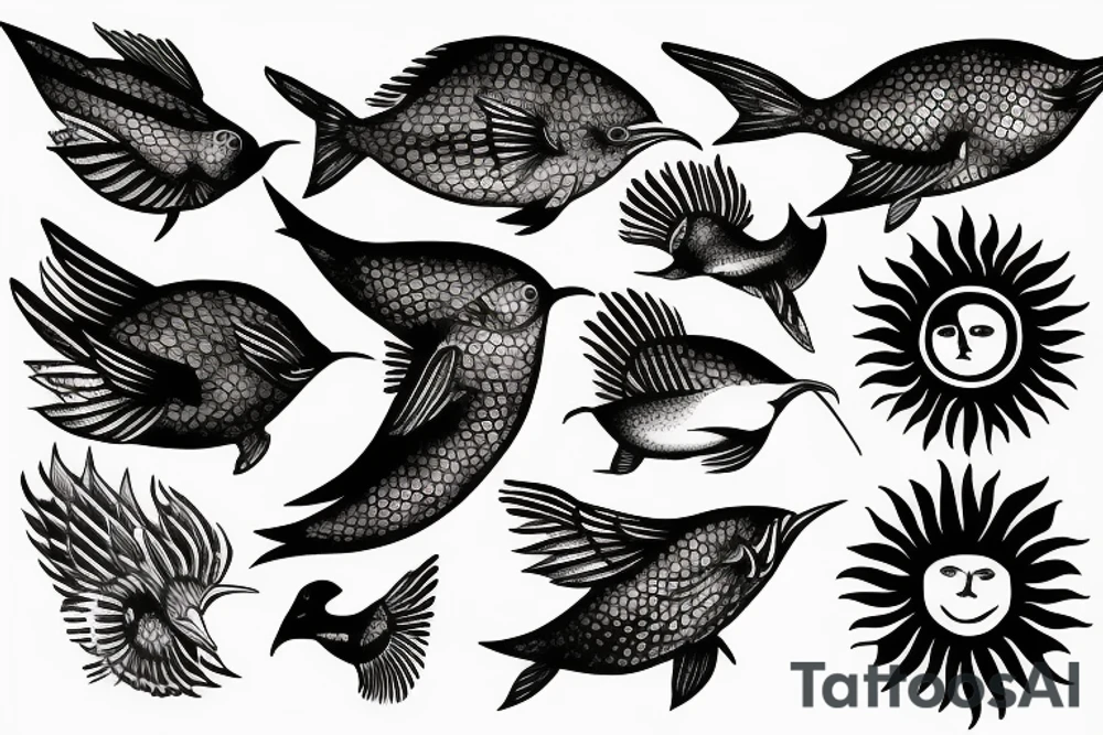 Sun bird fish tattoo idea