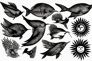 Sun bird fish tattoo idea