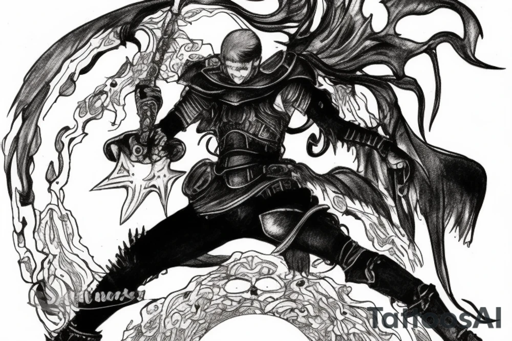 Guts from the anime berserk sitting on a pile of skulls with the moon behind him. tattoo idea