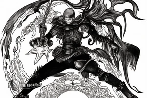 Guts from the anime berserk sitting on a pile of skulls with the moon behind him. tattoo idea