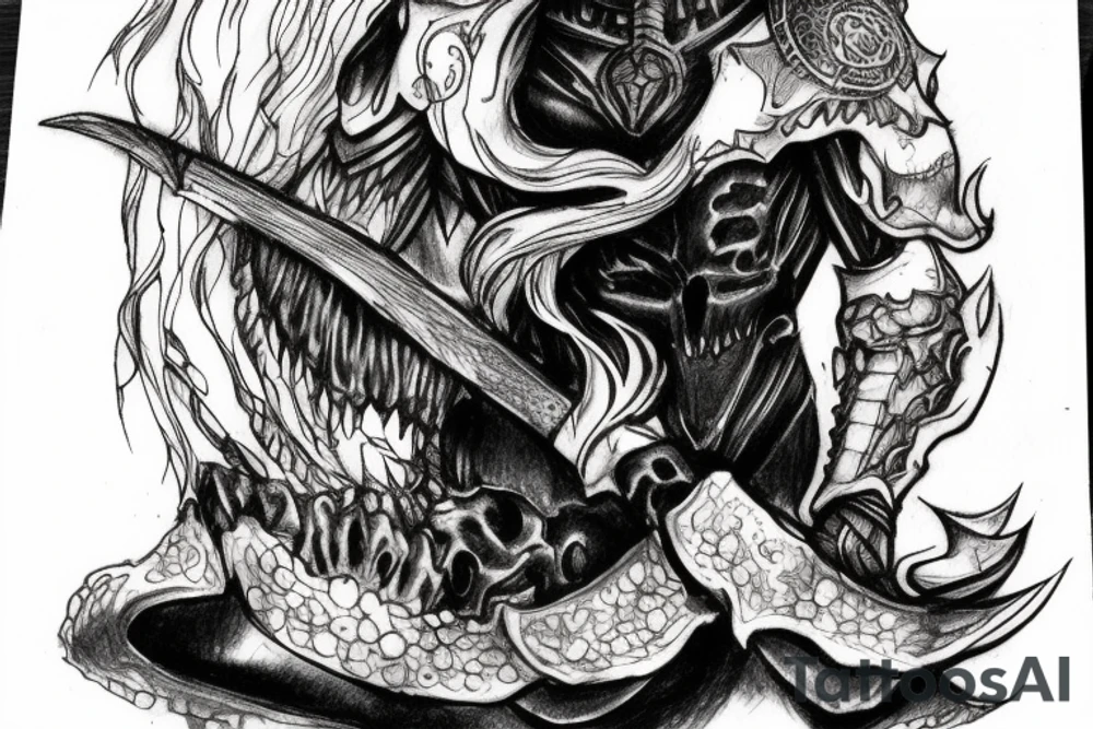 Guts from the anime berserk sitting on a pile of skulls with the moon behind him. tattoo idea