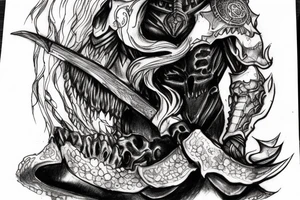 Guts from the anime berserk sitting on a pile of skulls with the moon behind him. tattoo idea