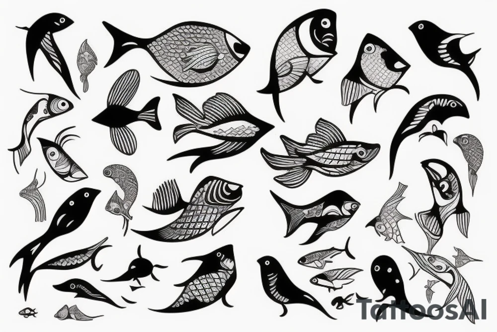 Fish, sun and bird tattoo idea