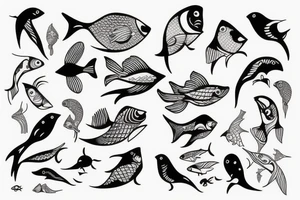 Fish, sun and bird tattoo idea
