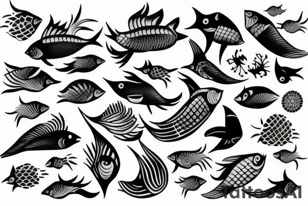 Fish, sun and bird tattoo idea