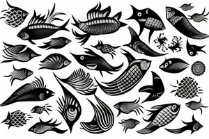 Fish, sun and bird tattoo idea