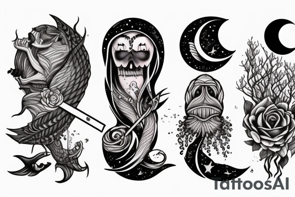 the mark of sacrifice a cuddlefish and a moon with a sword and a tree tattoo idea
