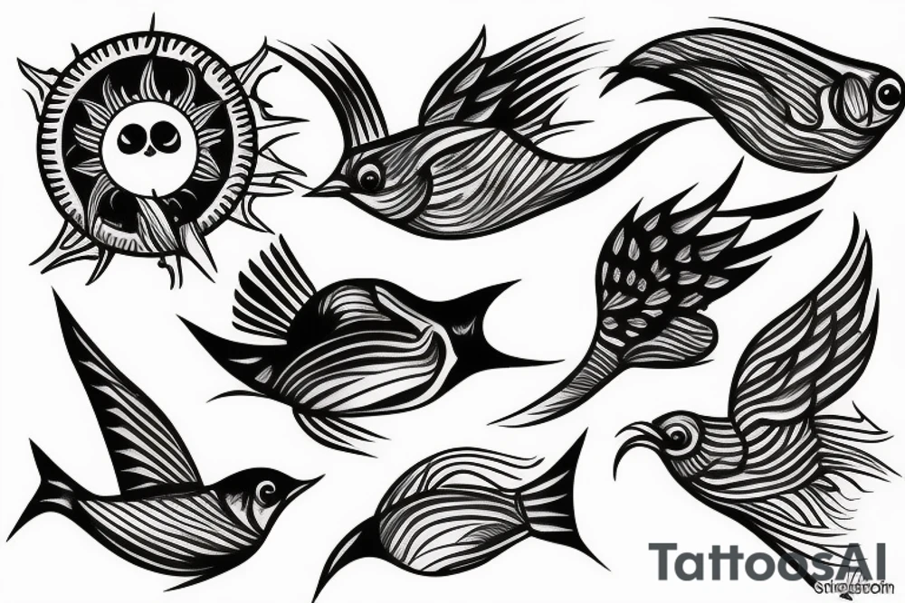 Fish sun bird tattoo idea