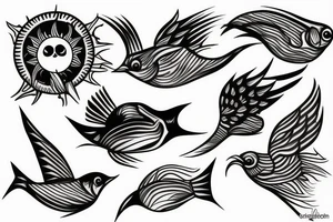 Fish sun bird tattoo idea