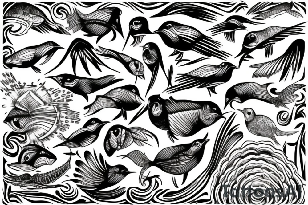 Fish sun bird tattoo idea