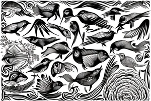 Fish sun bird tattoo idea
