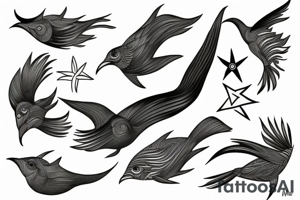 Fish sun bird tattoo idea