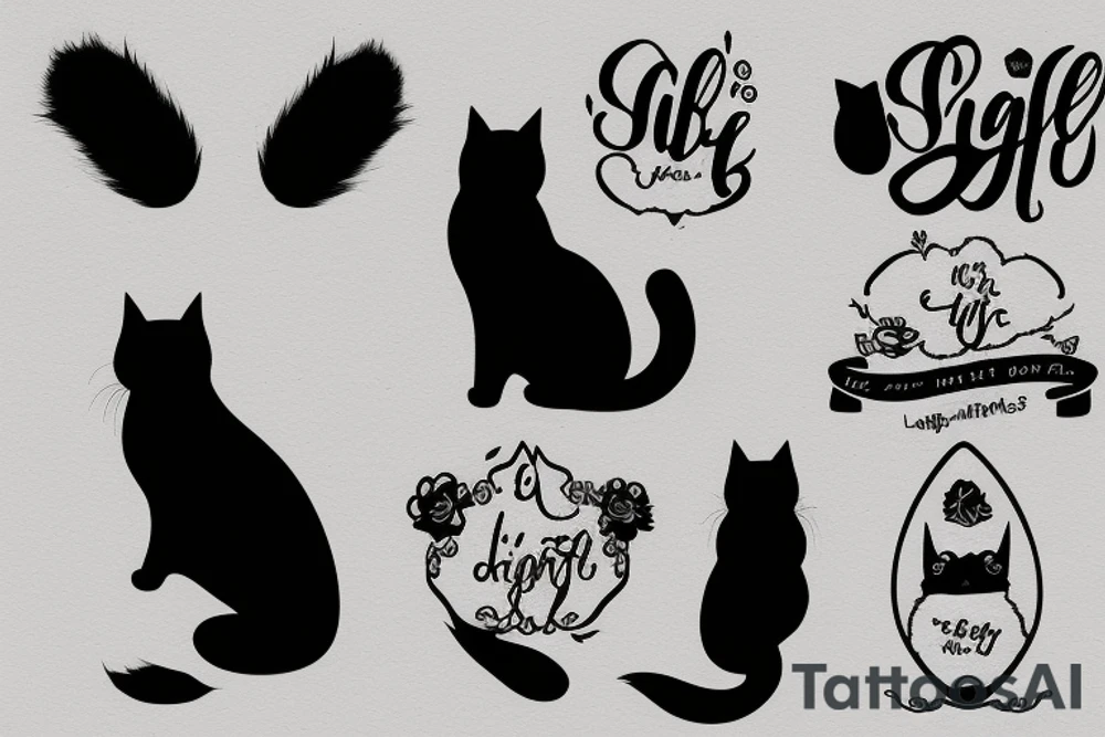 Silhouette of a fluffy cat sitting with its back to you, light shading of the tail and ears tattoo idea