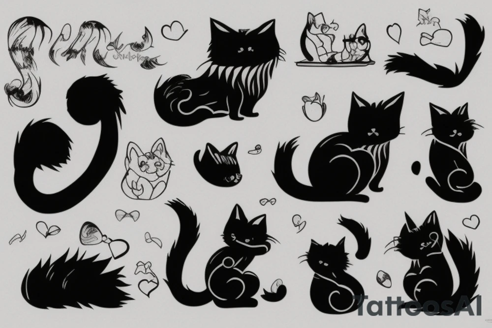 Silhouette of a fluffy cat sitting with its back to you, light shading of the tail and ears tattoo idea