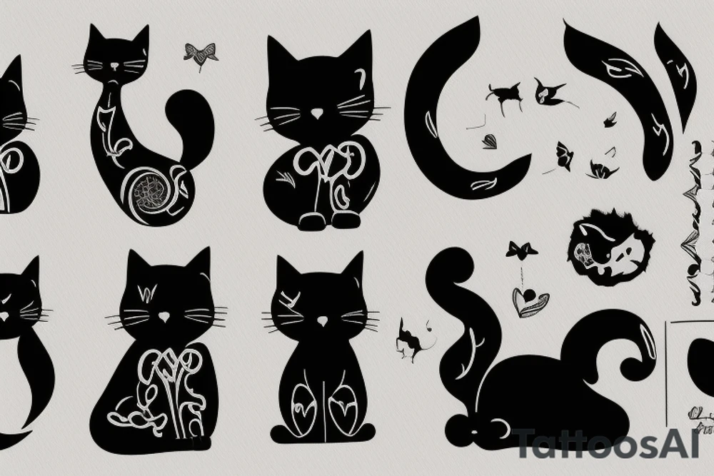 Silhouette of a fluffy cat sitting with its back to you, light shading of the tail and ears tattoo idea