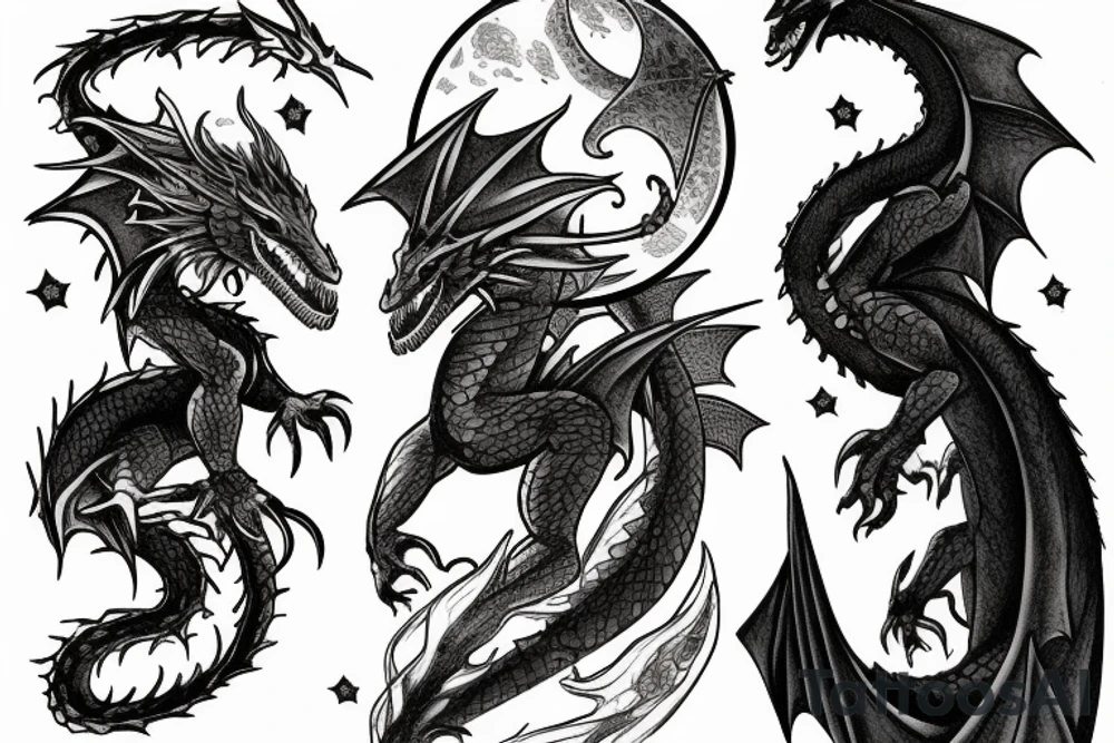 A knight fighting a dragon with the moon in the background tattoo idea