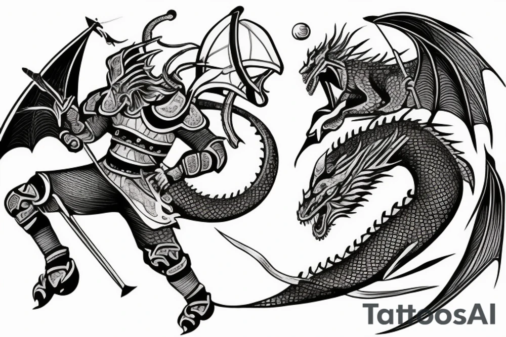 A knight fighting a dragon with the moon in the background tattoo idea