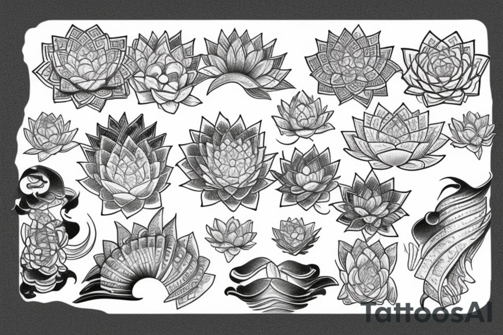 Wind bars with lotuses, black, gray, and white coloring tattoo idea