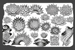 Wind bars with lotuses, black, gray, and white coloring tattoo idea