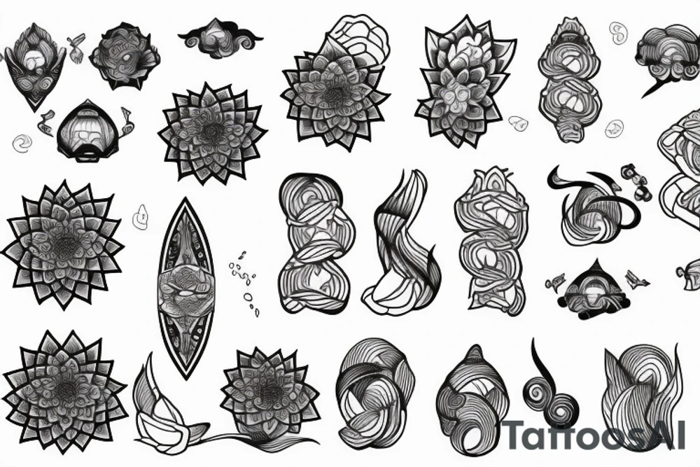 Wind bars with lotuses, black, gray, and white coloring tattoo idea