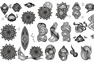 Wind bars with lotuses, black, gray, and white coloring tattoo idea