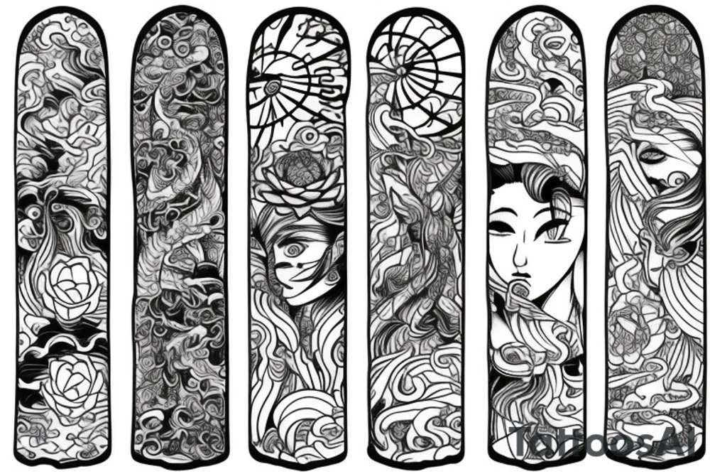 Wind bars with lotuses, black, gray, and white coloring tattoo idea