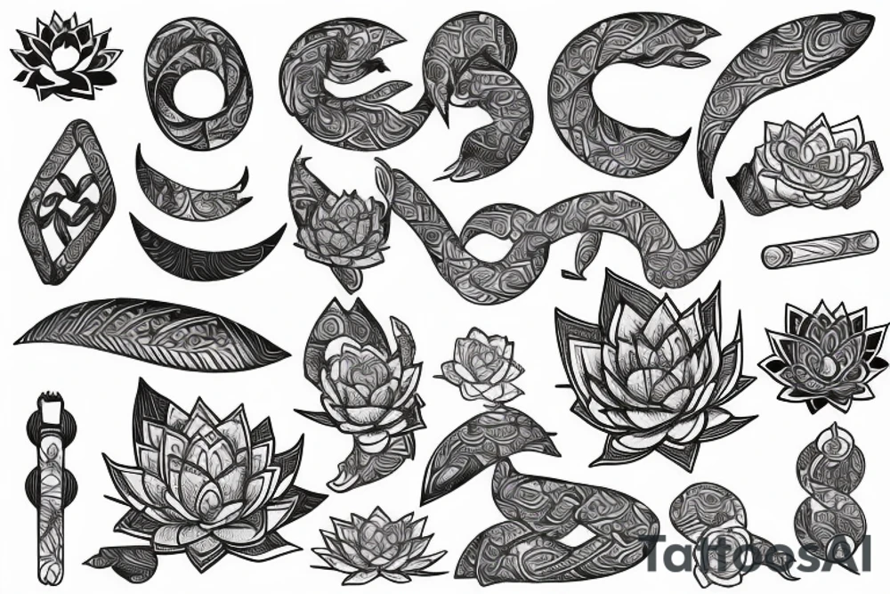Wind bars with lotuses, black, gray, and white coloring tattoo idea