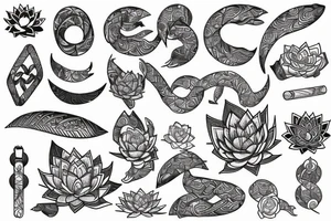Wind bars with lotuses, black, gray, and white coloring tattoo idea