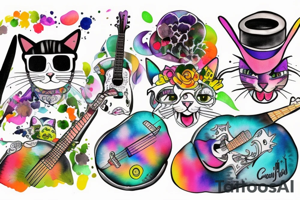 cat jamming out to bad bunny at coachella tattoo idea