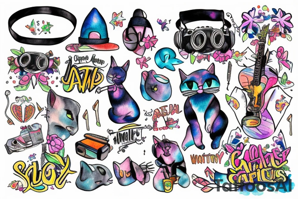 cat jamming out to bad bunny at coachella tattoo idea