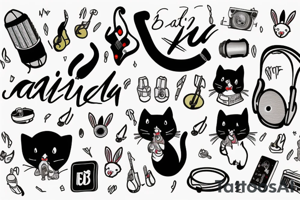 cat jamming out to bad bunny at coachella tattoo idea