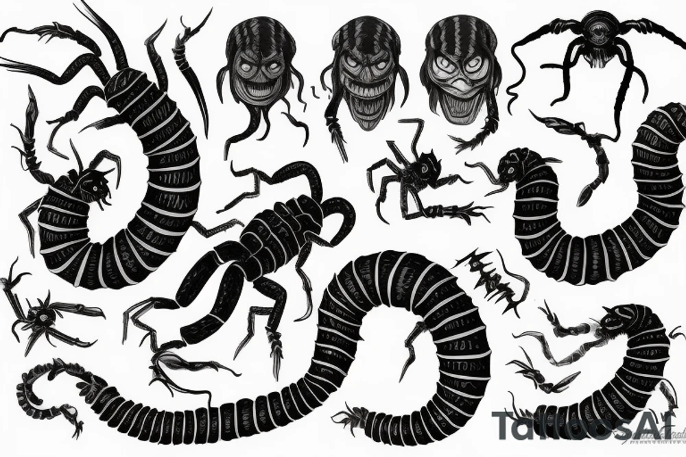 long scolopendra, nightmare, scarry, ugly, clown, devil tattoo idea