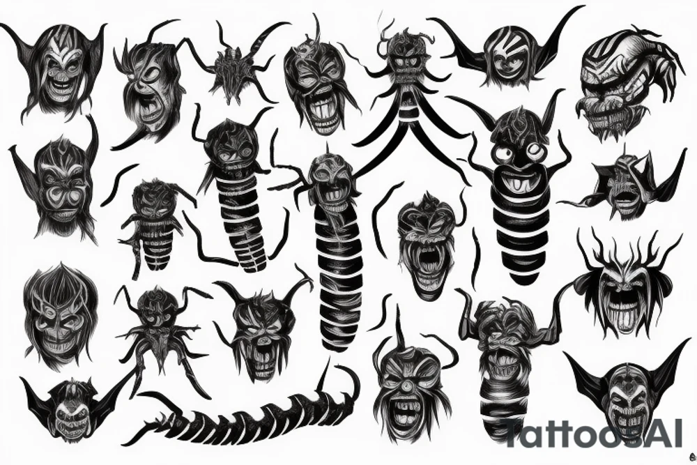 long scolopendra, nightmare, scarry, ugly, clown, devil tattoo idea