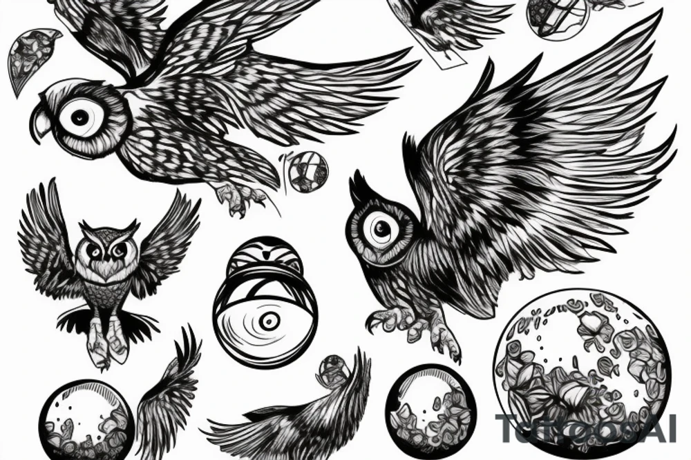 owl swooping down with it’s wings spread out and  it’s talons gripping a crystal ball tattoo idea