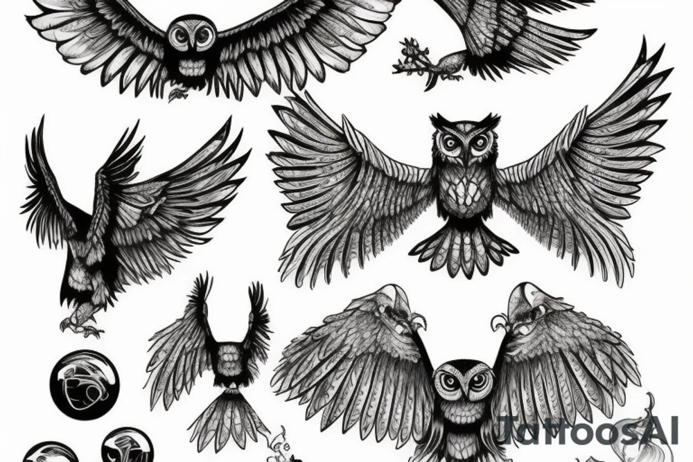 owl swooping down with it’s wings spread out and  it’s talons gripping a crystal ball tattoo idea