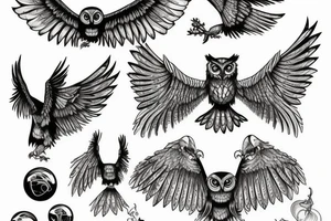 owl swooping down with it’s wings spread out and  it’s talons gripping a crystal ball tattoo idea