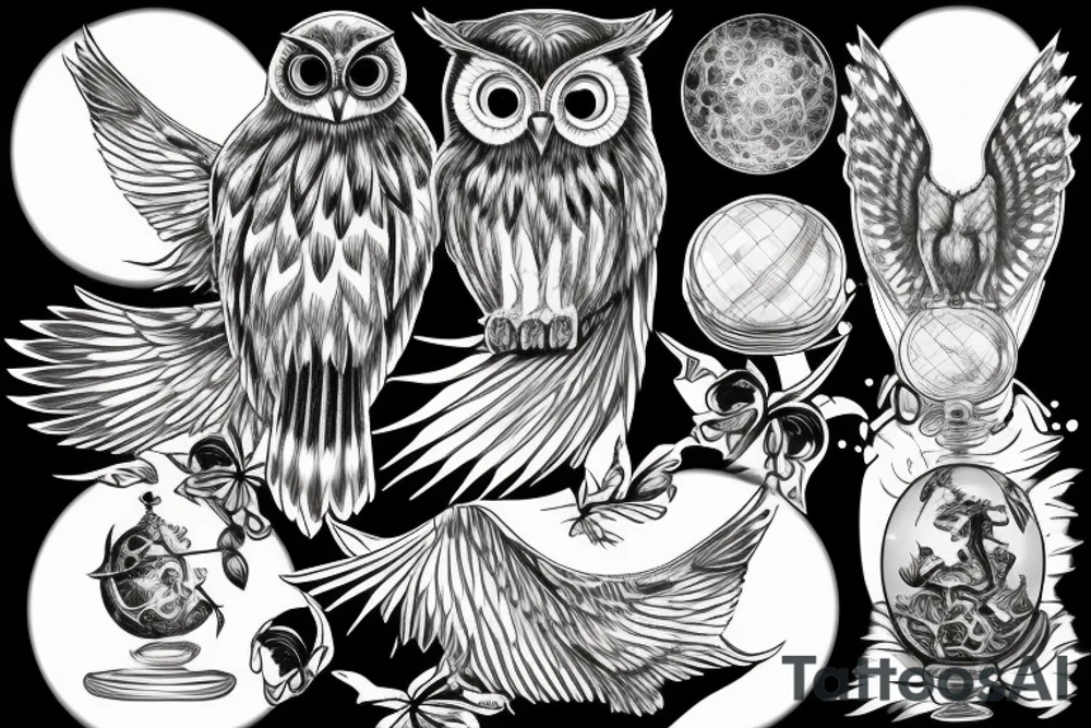 owl swooping down with wings spread out and talons gripping a crystal ball tattoo idea