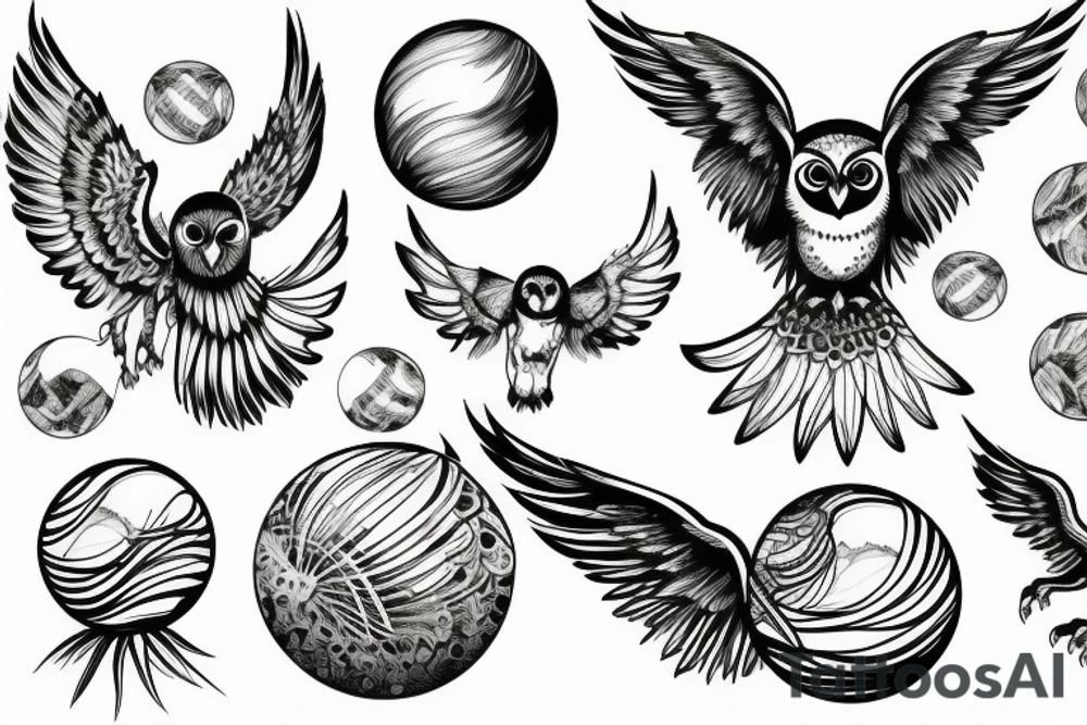 owl swooping down with wings spread out and talons gripping around a crystal ball tattoo idea