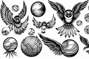 owl swooping down with wings spread out and talons gripping around a crystal ball tattoo idea