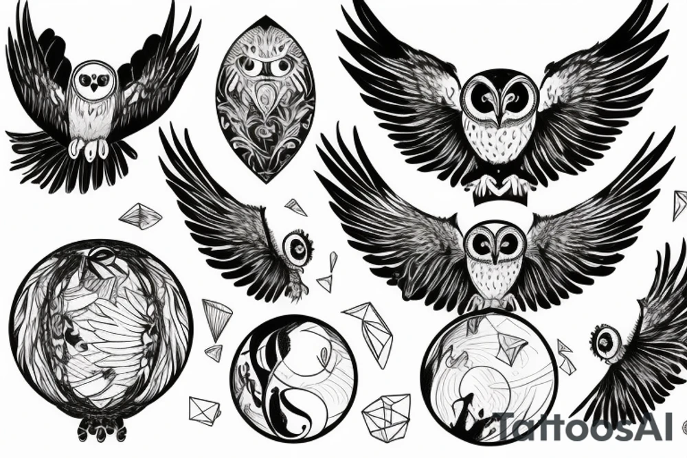 owl swooping down with wings spread out and talons gripping around a crystal ball tattoo idea