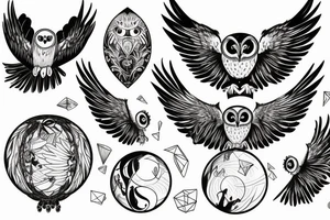 owl swooping down with wings spread out and talons gripping around a crystal ball tattoo idea