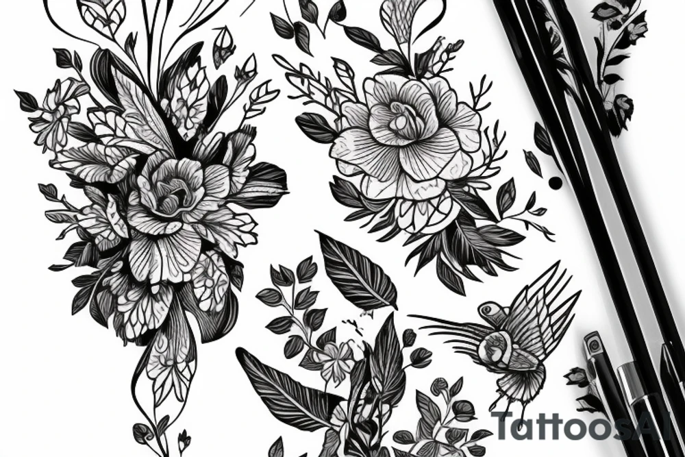 Flower with key and bird tattoo idea
