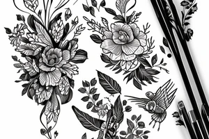 Flower with key and bird tattoo idea